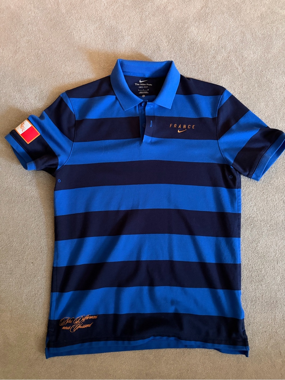 Nike France Men's Blue & Navy Striped Polo Shirt